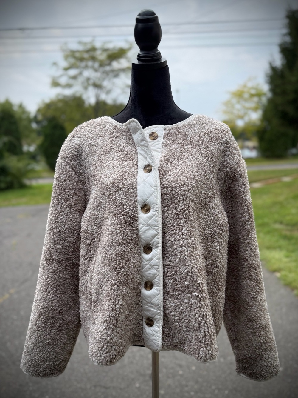 Lucky Brand Taupe Sherpa Jacket with White Quilted Button Placket